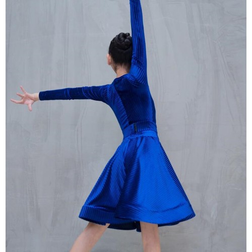 Girls kids royal blue velvet long sleeves latin dance dresses stage performance ballroom dance dresses latin dance skirts for children